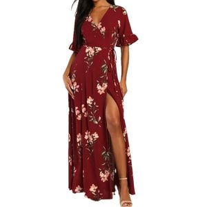 Lulu’s September Sunsets Burgundy Floral Print Wrap Maxi Dress